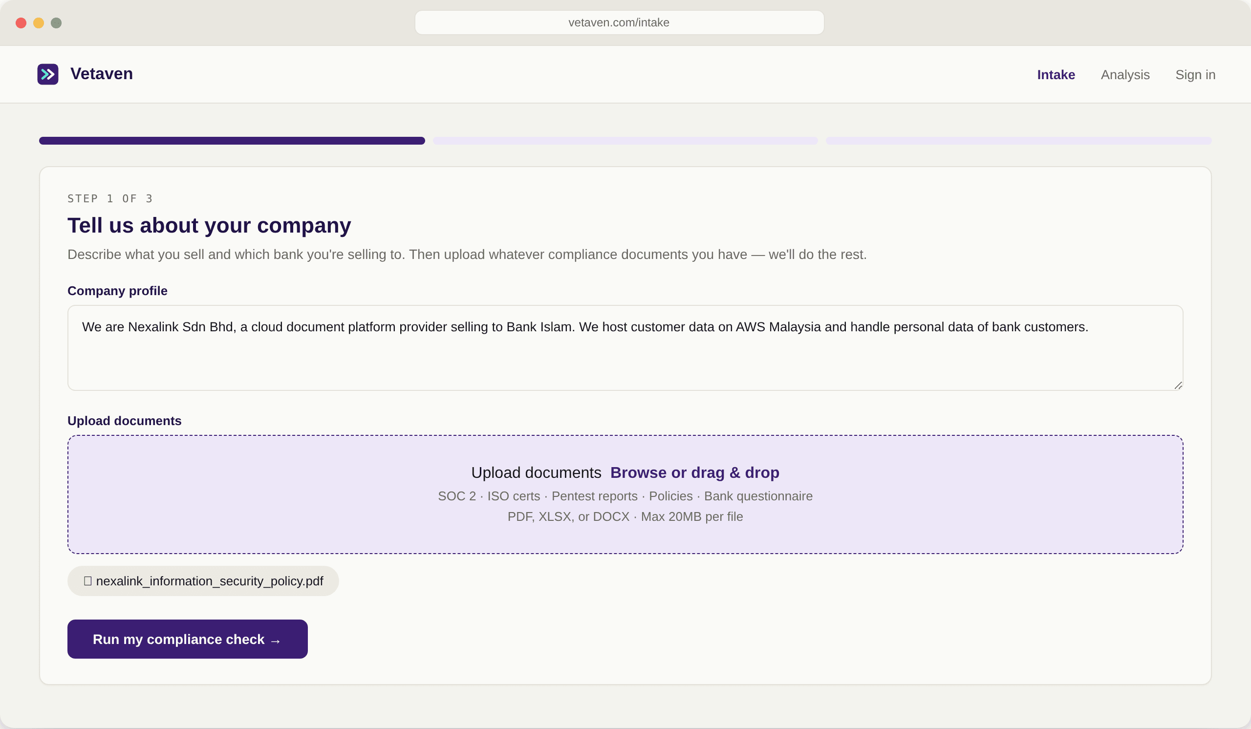 Vetaven intake screen with company profile and document upload