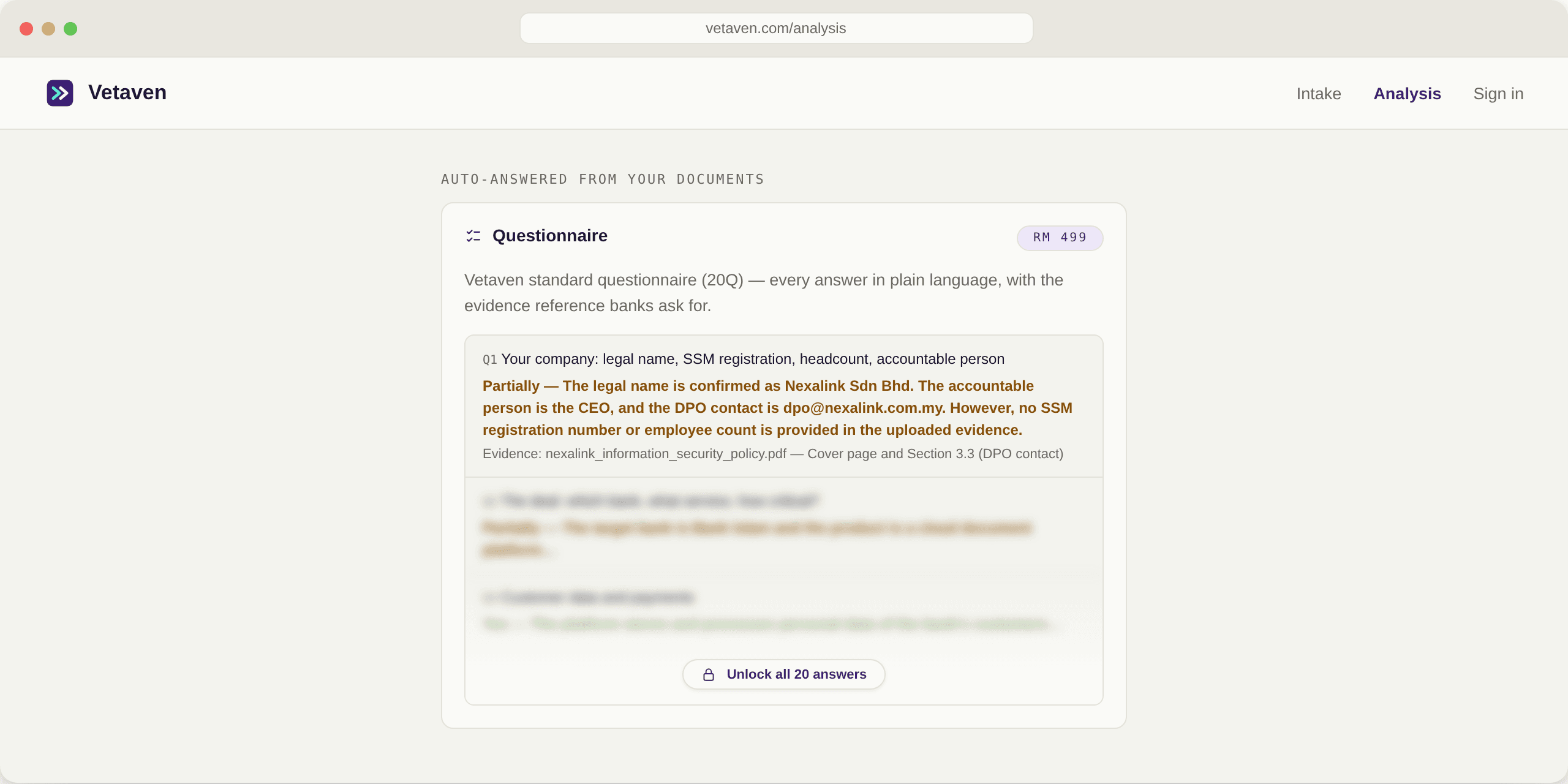 Vetaven questionnaire with plain-language answers and evidence references