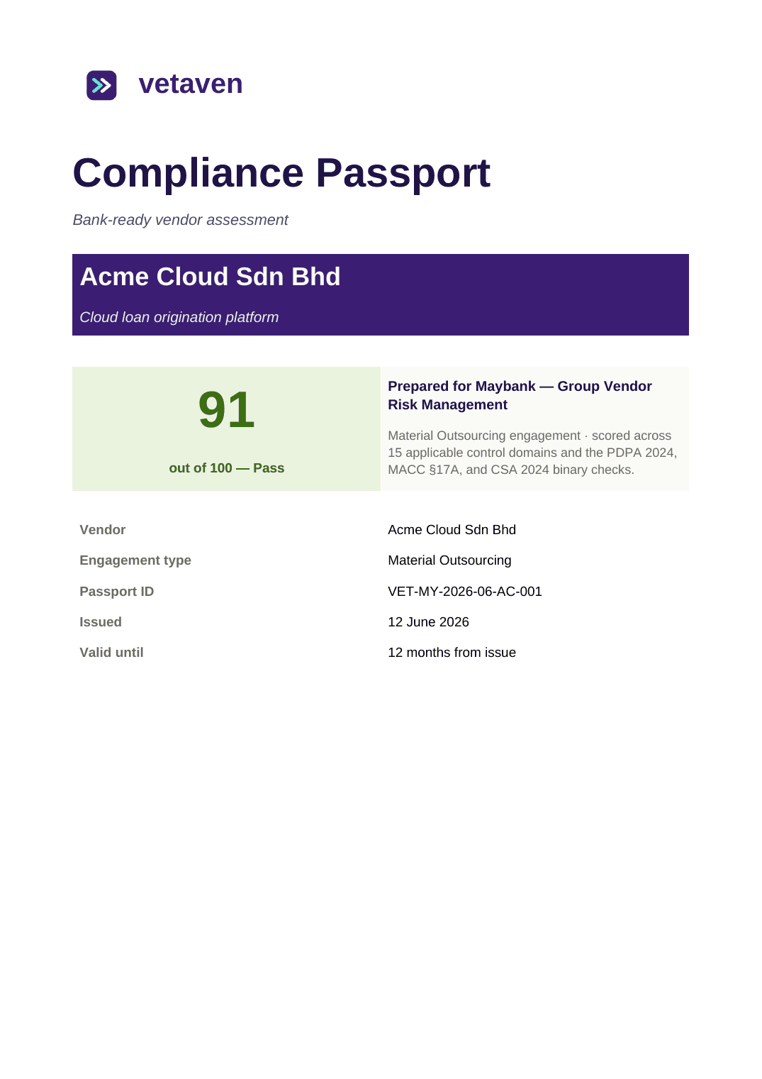 Cover page of the Vetaven compliance passport